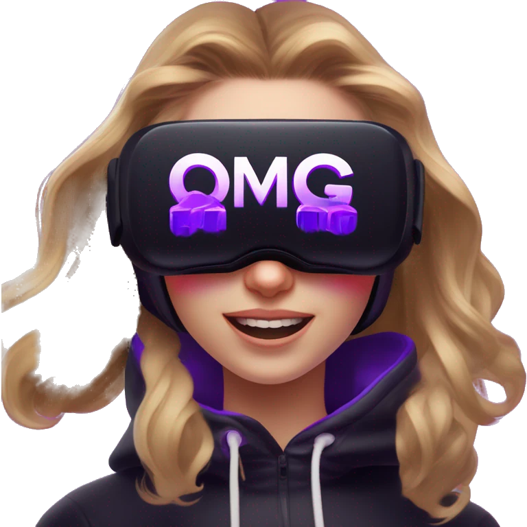 Russian girl wearing black hoody with violet letters "OMG", in vr headset oculus quest2. Dancing. Cyberpunk style. Violet neon. emoji