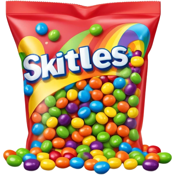 A vibrant rainbow-colored Skittles package with only bright green candies spilling out. The package is very colorful with red, orange, yellow, purple and blue, while all the candies are exclusively green. emoji