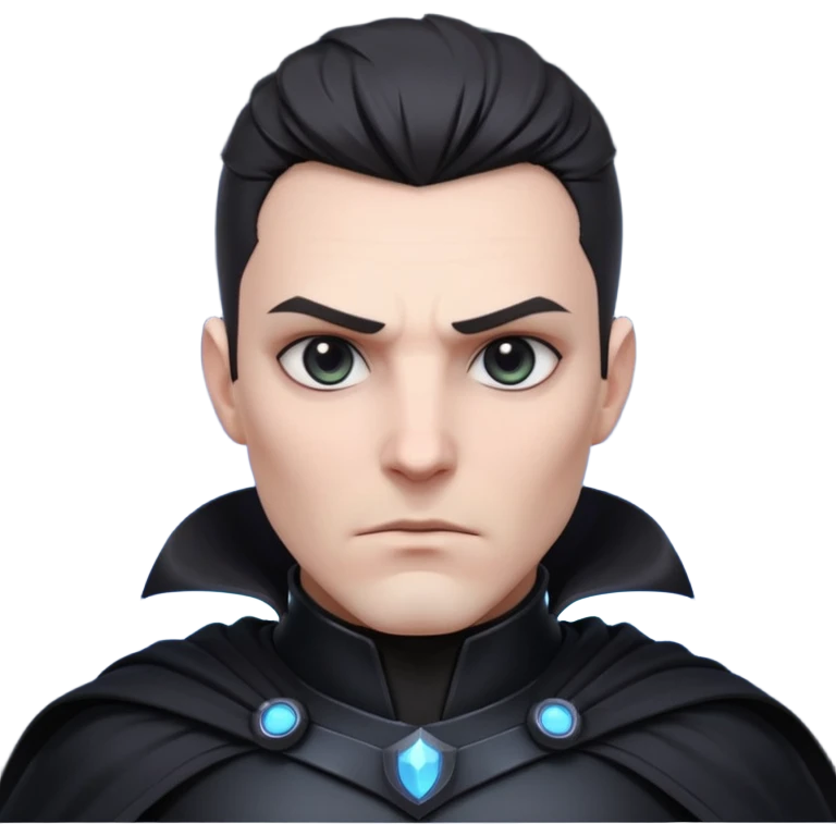 dark sci-fi villain portrait, head and shoulders only, black armor, cape collar, intense eyes, dramatic lighting, 3D cartoon, mobile game icon, clean background, no text
 emoji
