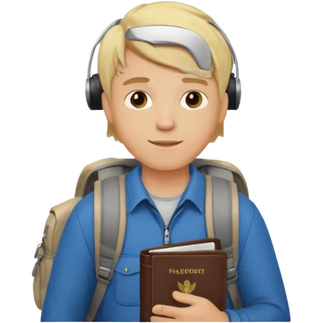 blonde haired Traveler character with passport, backpacker, male emoji
