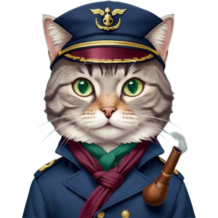 Gray tabby cat dressed as a captain, serious expression, dark blue captain's jacket, burgundy scarf, captain's cap, holding a pipe. Detailed tabby cat pattern, large expressive emerald green eyes. Intent and focused gaze. Accurately rendered fur textures, realistic lighting emphasizing facial features. Dark blue jacket with buttons. Detailed burgundy scarf tied in layers around the cat's neck. The perspective is a slightly raised medium ground focusing on the cat's muzzle and upper body. Serious and dignified mood conveying a sense of power. Realistic depiction of a cat in a naval suit. Photorealistic style. emoji