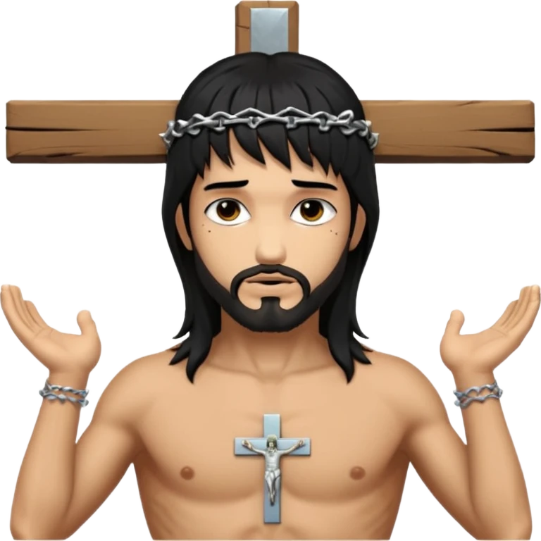 jesus-body-on-the-cross, man, crucifix, black hair, punk hair, punk bangs emoji