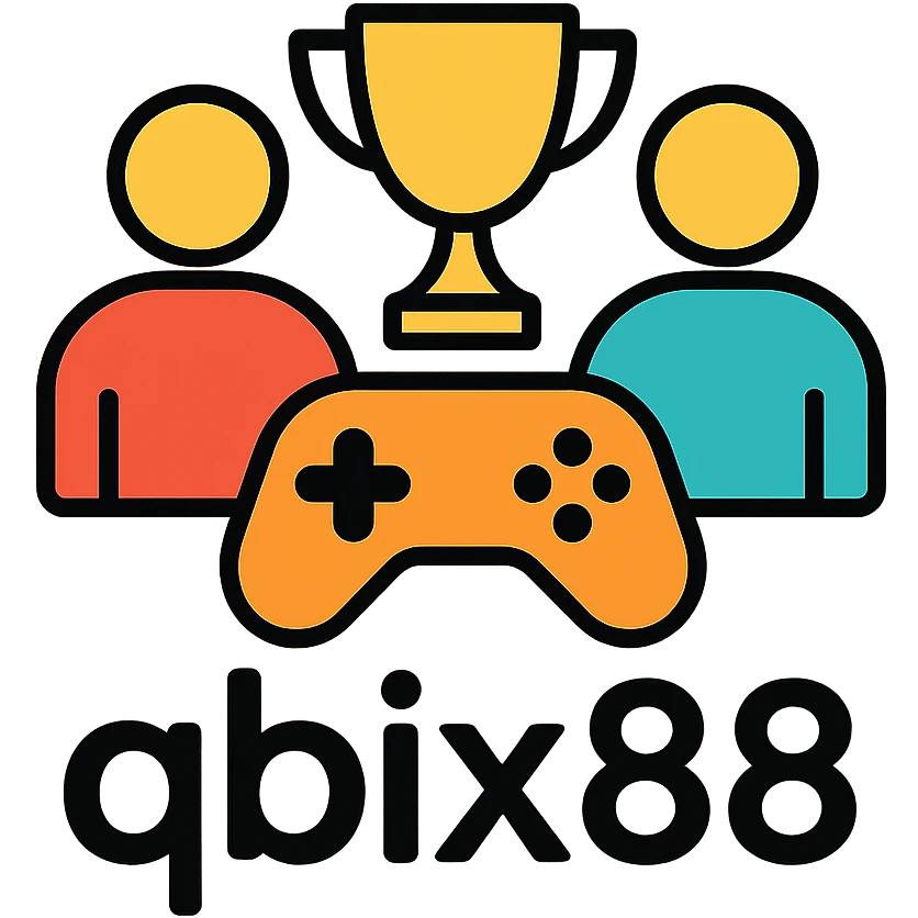 Gaming platform icon for 'qbix88' with players, trophy, and controller emoji