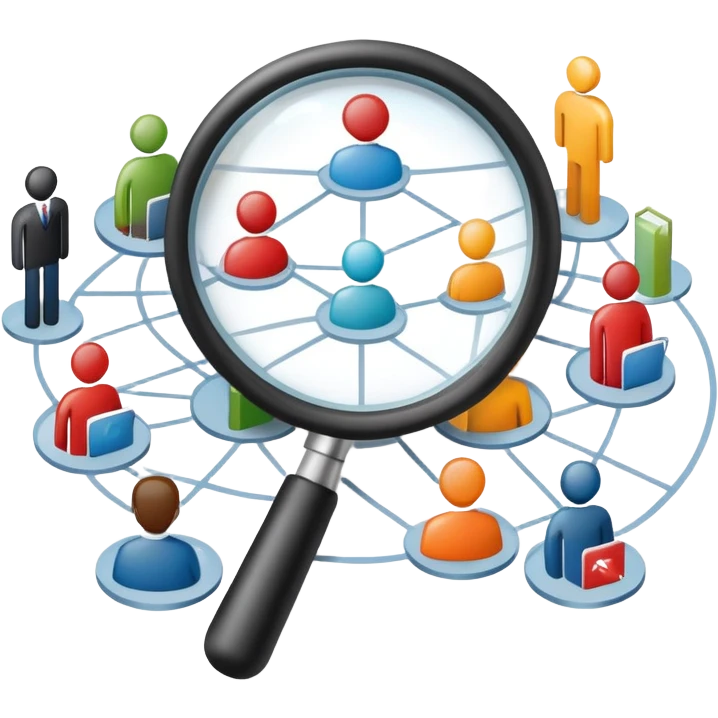 An icon featuring a group of diverse people, a social network diagram, and a magnifying glass, symbolizing sociology. The design includes charts and interconnected lines, representing the study of societies, relationships, and social behavior. Transparent background highlights social analysis. emoji