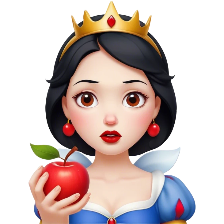 Cinematic Funny Snow White Portrait Emoji, Holding an apple with a suspicious expression, one eyebrow raised, lips pursed as if questioning her life choices, a hilariously relatable fairy tale moment! emoji