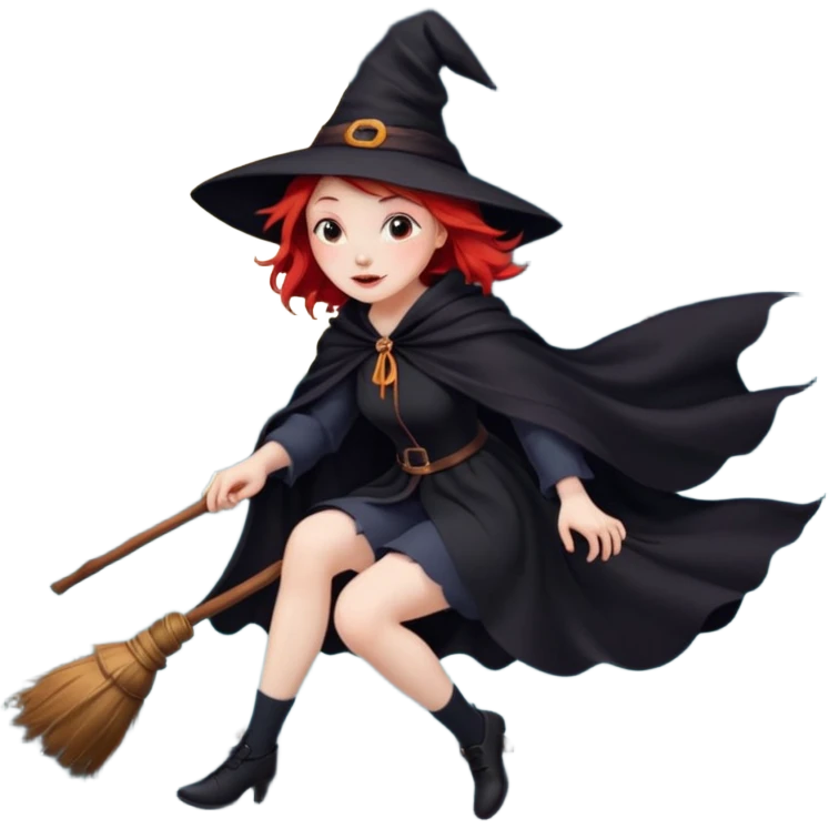 witch with red hair flying , on the background - full moon and black birds, должна сидеть на метле, ноги не касаются краев изображения emoji