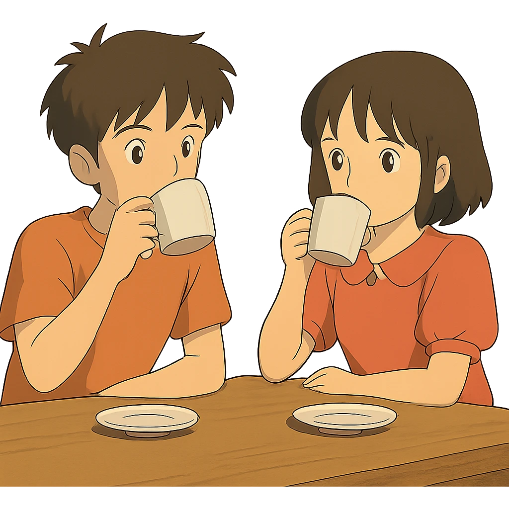ghibli style boy and girl sitting at a table sipping coffee emoji
