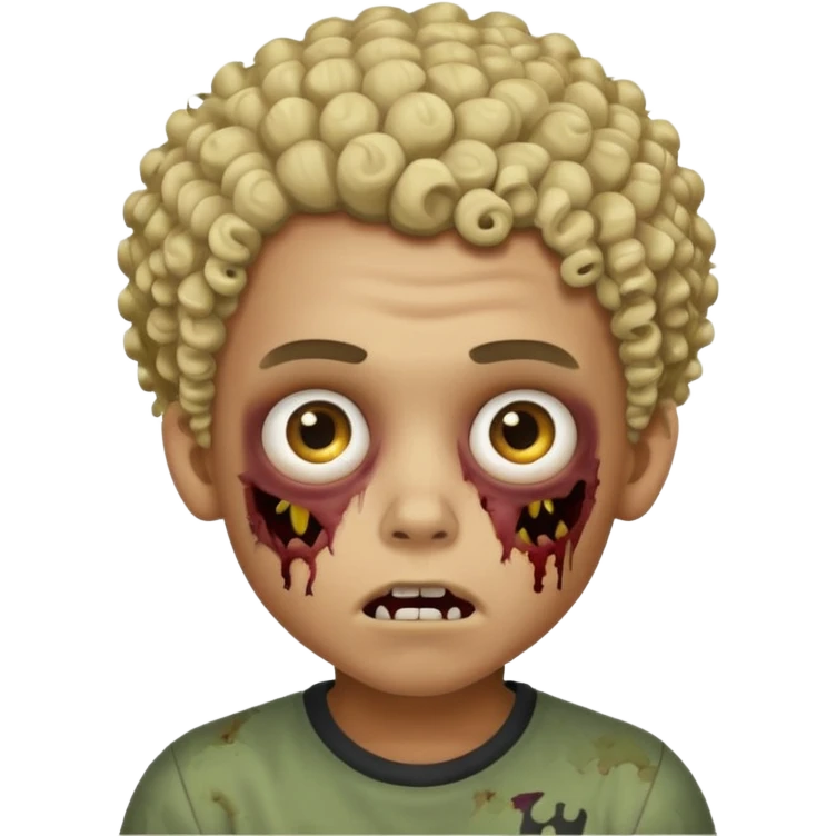 boy zombie with curly mixed lightskin hair, not straight or white boy hair, creepy expression, iPhone emoji style emoji