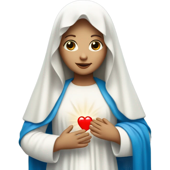 blessed virgin mary white skin with blue veil with white clothes holding a red heart in her hands emoji