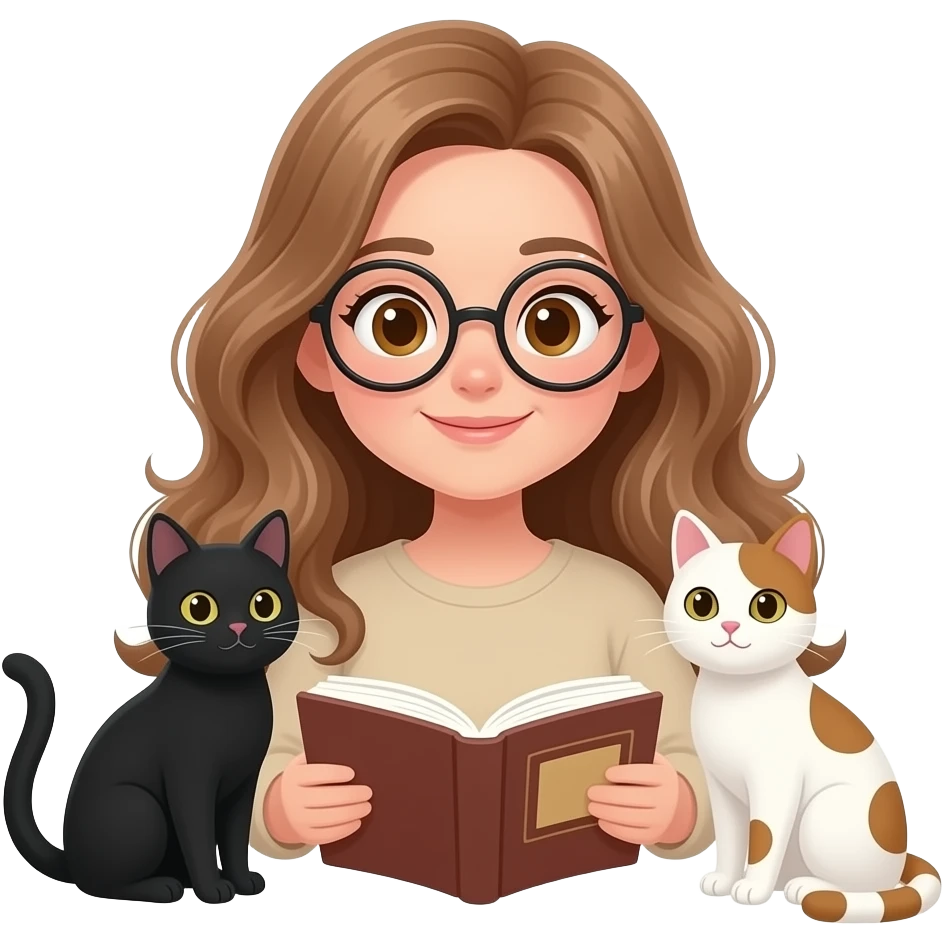 detailed emoji illustration of a curvy woman with long light brown wavy hair, light brown eyes and round glasses reading a book with two cats beside her (one black cat and one white cat with brown spots), cozy atmosphere, cute emoji style emoji