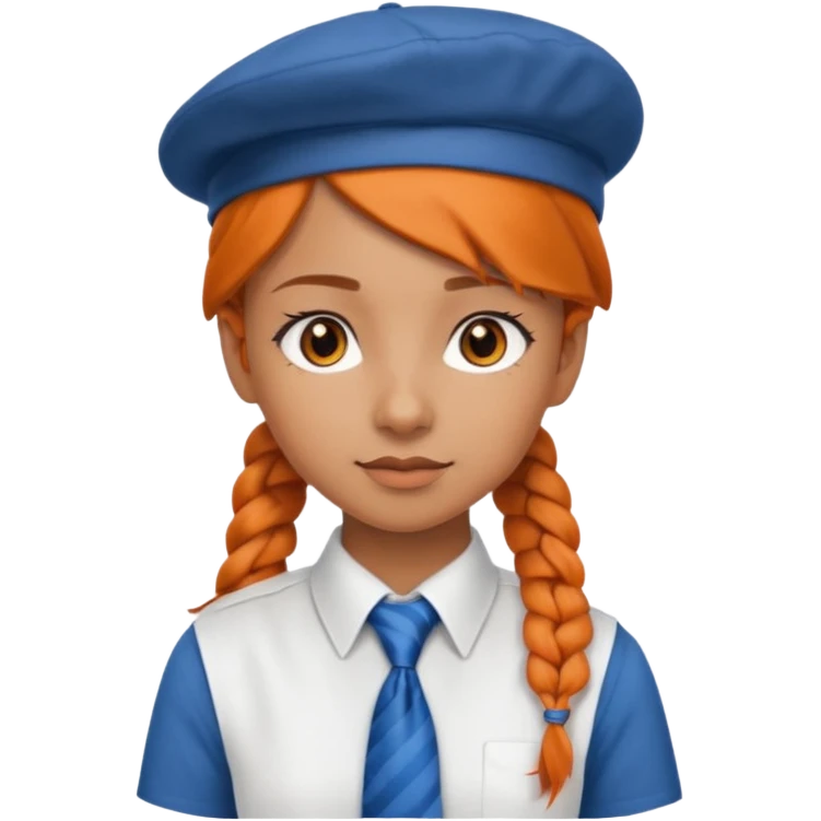 orange braided hair girl, wearing white shir, a brown berret Hat, Blue Necktie emoji