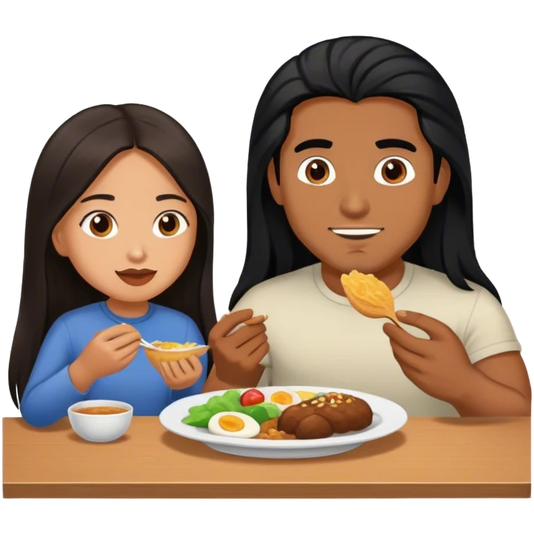 Brown Latino man with long black hair eating with brown hair Filipina emoji