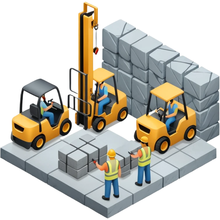 modern factory cutting stone slabs with workers and forklift  isometric view emoji