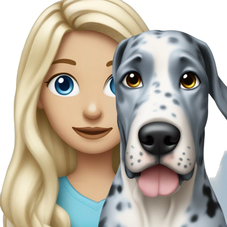 Blonde girl with blue eyes and long hair with a blue merle great dane dog emoji