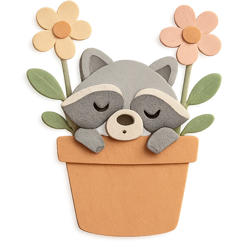 A sleepy raccoon inside a flower pot with some flowers inside the pot, rendered in pastel earthy colors and soft pastel colors, high-quality design, paper-craft style, transparent background emoji