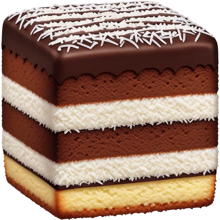 Lamington Cinematic Realistic Lamington Dessert Emoji, depicted as a sponge cake square coated in chocolate and dusted with coconut on all sides, rendered with lifelike textures and vibrant, tropical lighting. emoji