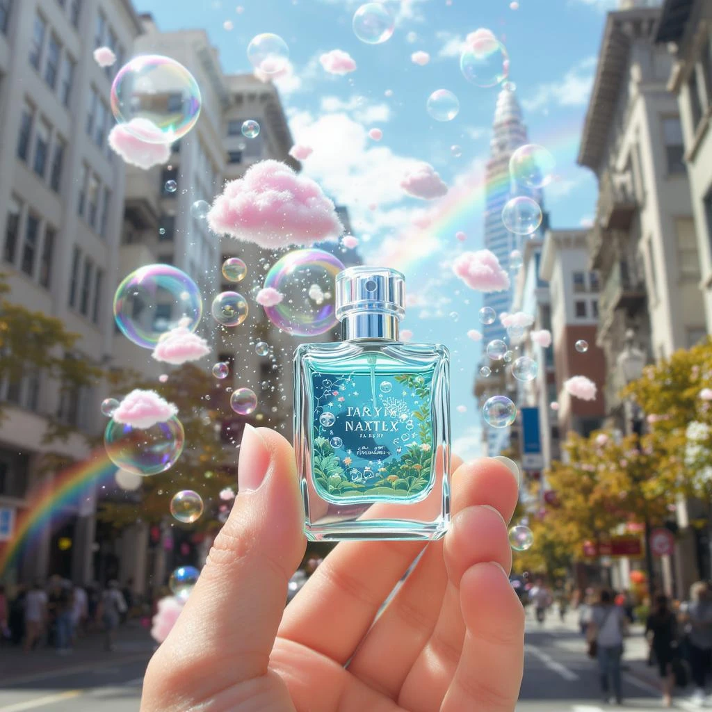 Cinematic still perfume inside bubbles flying around San Francisco downtown, sunny summer day, happy vibe, colorfull surround, rainbow, small cute pink clouds around emoji