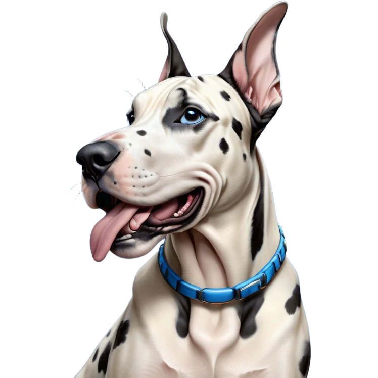 Cinematic Cute Yawning Harlequin Great Dane Portrait Emoji, Head tilted slightly with a dramatic, wide-open yawn, showcasing a smooth coat of predominantly white with bold black patches, floppy ears slightly drooping, round blue eyes barely open in drowsy contentment, Simplified yet irresistibly adorable features, highly detailed, glowing with a soft, cozy glow, high shine, relaxed yet expressive, stylized with a touch of whimsy, bright and endearing, soft glowing outline, capturing the essence of a sleepy yet affectionate guardian, so drowsy it feels like it could stretch out of the screen and curl up for a nap! emoji