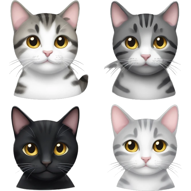 4 cats - 1 small black cat, 1 small black tabby cat, 1 small white and grey tabby cat, and 1 fat black tabby cat emoji