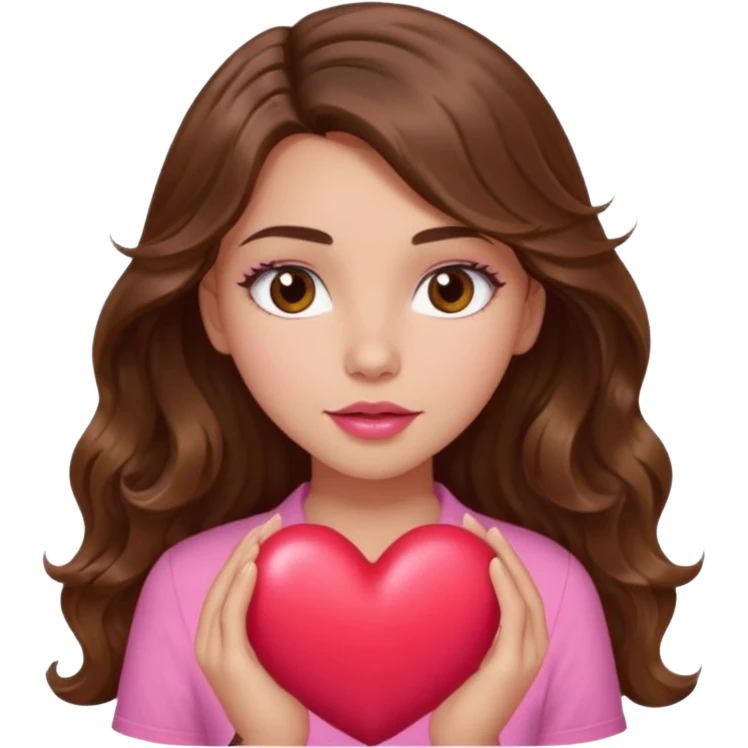 girl with long wavy brown hair, brown eyes, light to medium complexion, in a pink shirt, pink lips, long lashes, squeezing a big heart emoji