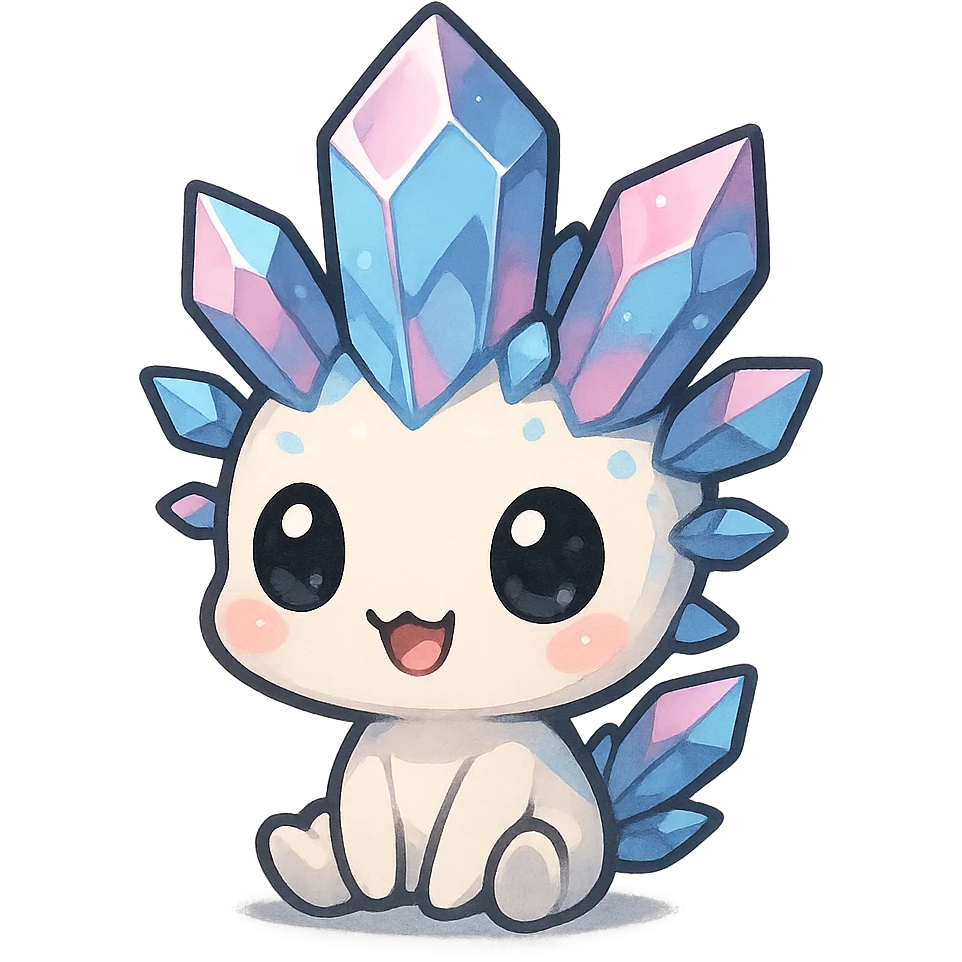 kawaii chibi crystal sprite creature, blue and pink crystals, extra small body, large head, adorable expression, chibi style emoji