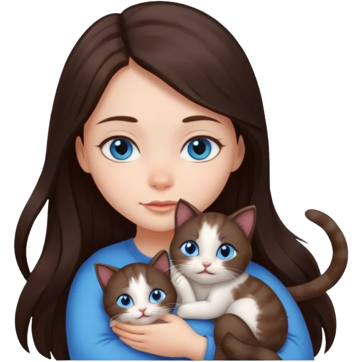 a girl with long dark 
brown hair, with blue eyes, hugs 3 different natural coloured small cats emoji