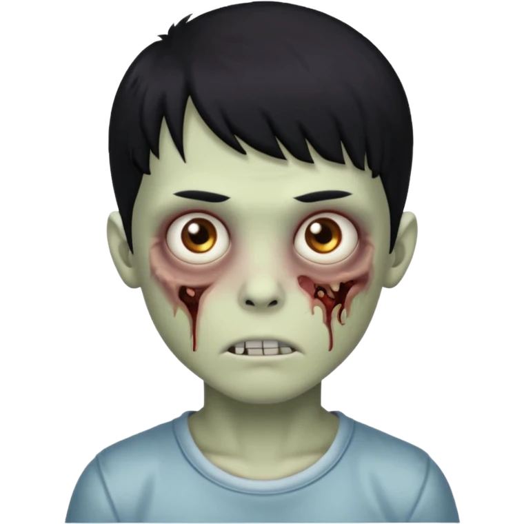 Garoto zombie, de cabelo preto, olhos castanhos claros, cabelo um pouco cacheado com franja emoji
