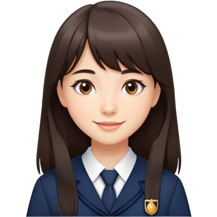 Pretty student with dark brown bangs and long straight hair, elegant school uniform, natural makeup, charming smile emoji
