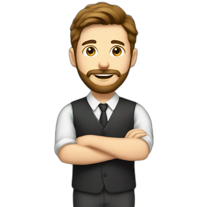 Young white male teacher with brown hair and brown beard in front of a blackboard emoji