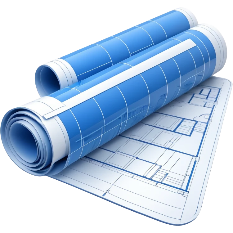 blue blueprint plan with white architectural lines, half rolled up, perspective view emoji