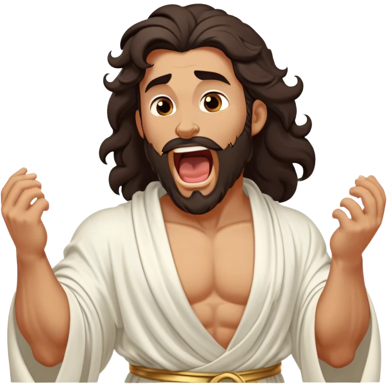 Cinematic Realistic Hercules Portrait, head tilted slightly with a dramatic, wide-open yawn, revealing a moment of relaxed, unguarded strength. His bronze, sculptural skin and thick, wavy dark hair retain their classical beauty even in repose. Draped in a gracefully flowing white robe with subtle golden details, the portrait is bathed in soft natural lighting, capturing a tender glimpse of vulnerability from a timeless Greek hero. emoji