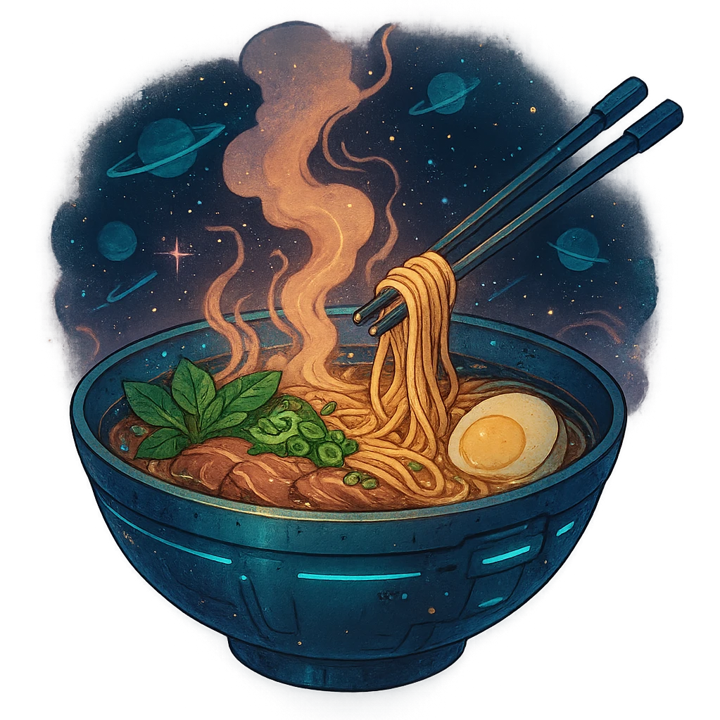 cyberpunk futuristic, space scifi, a bowl of delicious pho, ramen, piping hot emoji