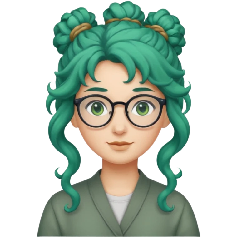 cabelo encaracolado longo, azul, óculos, olhos verdes, raça branca, penteado topo cabeça emoji
