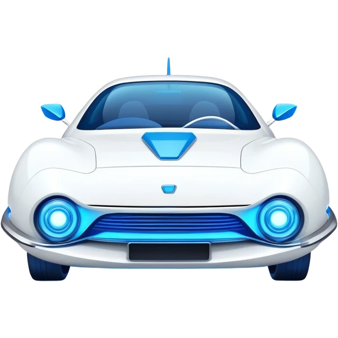 Futuristic retro hover white car with very sharp angular design and intense glowing blue wheels, direct front view showing headlights, flat vector style, minimal color palette with blue accents emoji