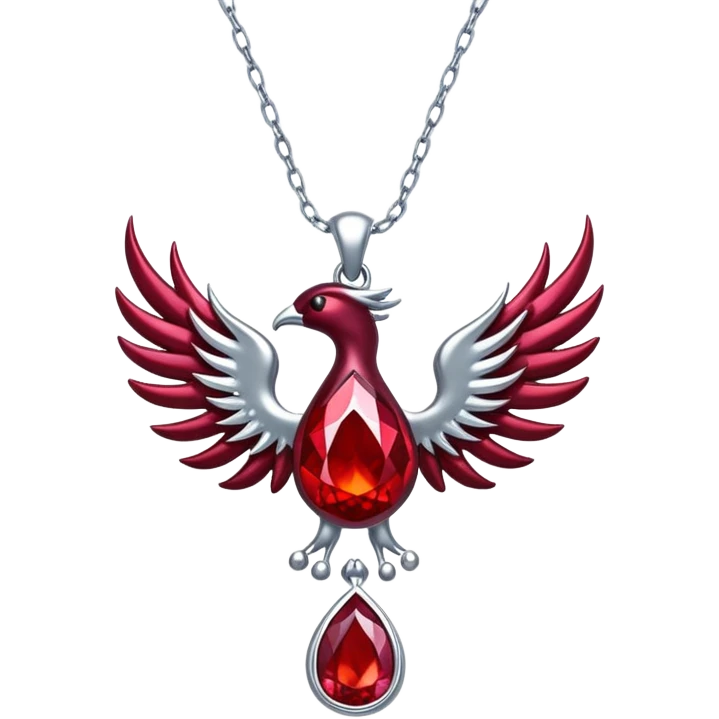 phoenix-inspired ruby pendant with cosmic aura, deep red glow, silver chain undulating like water emoji