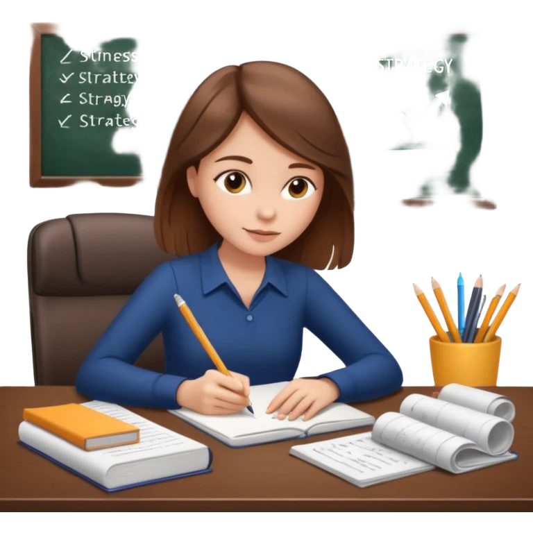 a girl with brown hair on a desk writing on a note book with a lot of papers around and on the papers is writing business strategy  emoji