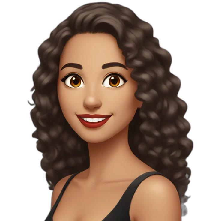 young moroccan woman with dark brown eyes, brown long curling hair with lighter tips, red lips, big smile, cleavage black dress emoji