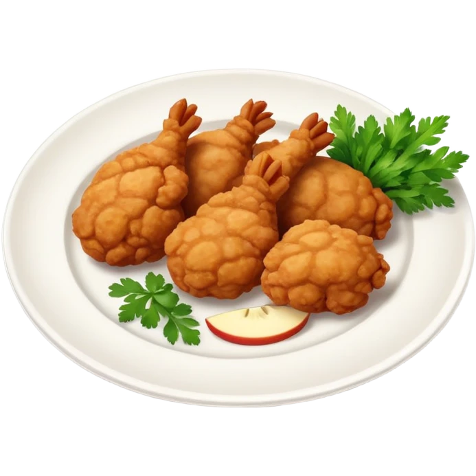 generate an emoji style of chicken karaage with a small parsley on top on a white plate, apple style emoji. emoji