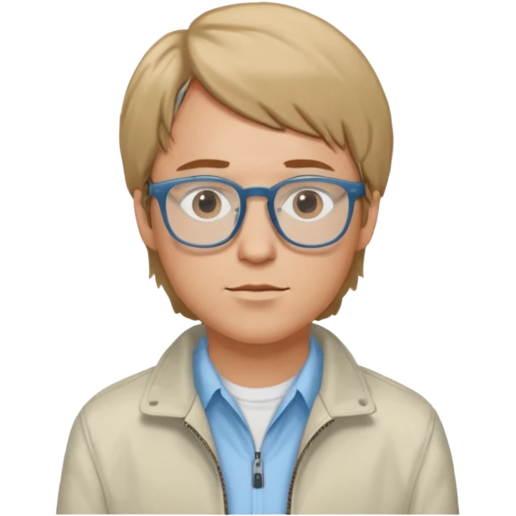 Brian Lackey from Mysterious Skin with brown eyes, dark blonde hair, light blue shirt, ivory jacket, glasses emoji