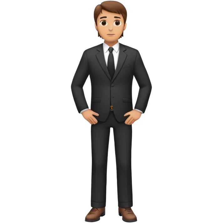 western Caucasian middle aged male, brown hair, standing wearing dark suit and shoes, with hands on hips emoji