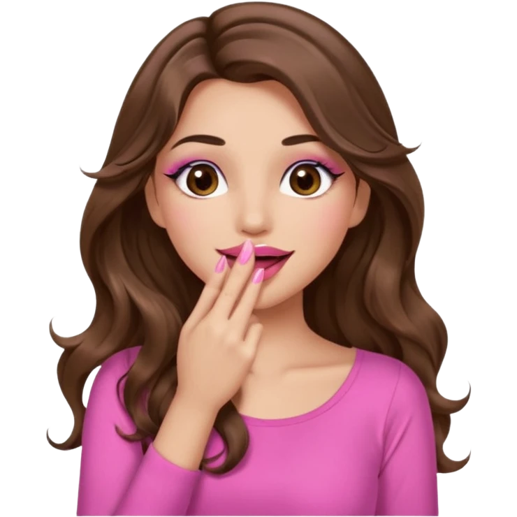 girl with long wavy brown hair, brown eyes, long lashes makeup, sexy pink lips, light to medium complexion, wearing a pink sexy top, sexy, giggling hand covering mouth emoji