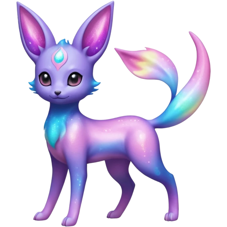 Shiny Iridescent Nebulae Espeon-Umbreon-Sylveon-Dragonair-Fakémon-hybrid-creature (full body)  with a galaxy-dust-flowing-gradient-tail emoji
