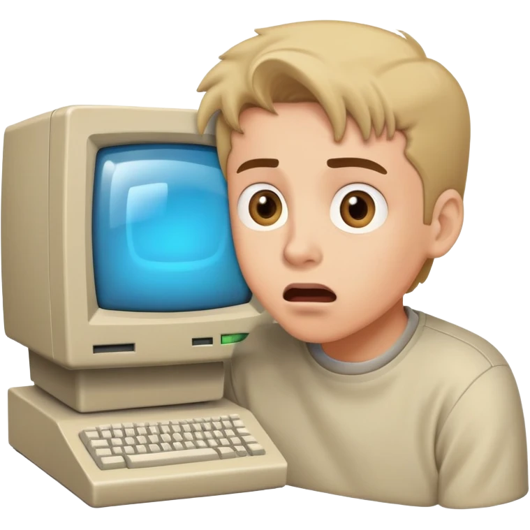 Young man with surprised expression looking at a very old, bulky desktop computer from the 1990s with CRT monitor emoji