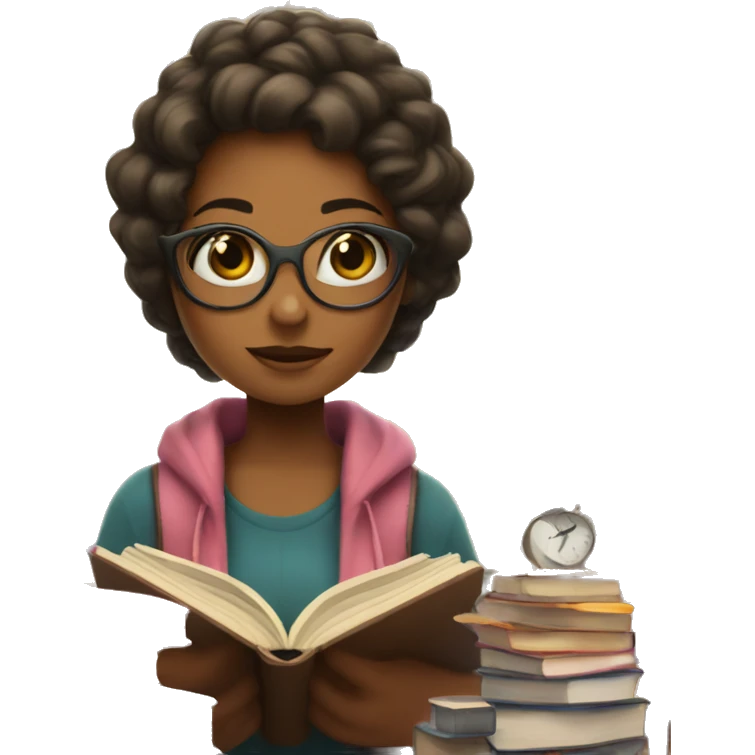 A girl surrounded by books and a to read list and a clock emoji