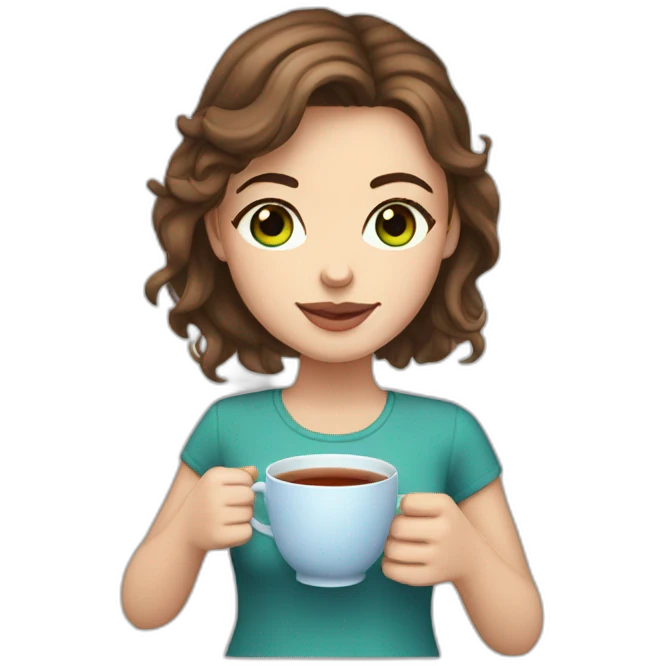 white girl brown hair blue/green eyes and cup of tea in hand emoji