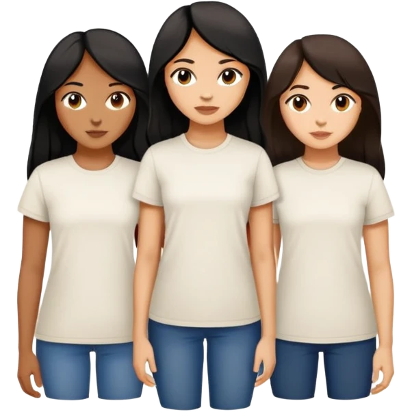 Three sisters, light skin with long dark brown hair, tan skin long black hair, tan skin dark brown short hair, white tee emoji