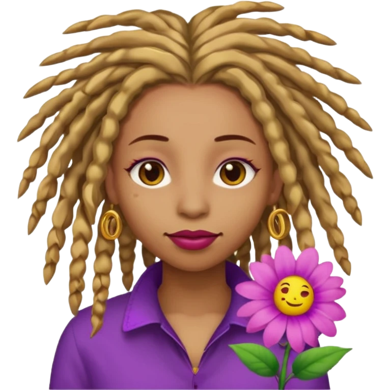Gold dread locs pink emoji face purple flower in the hair red lipstick light brown face  just the face  emoji
