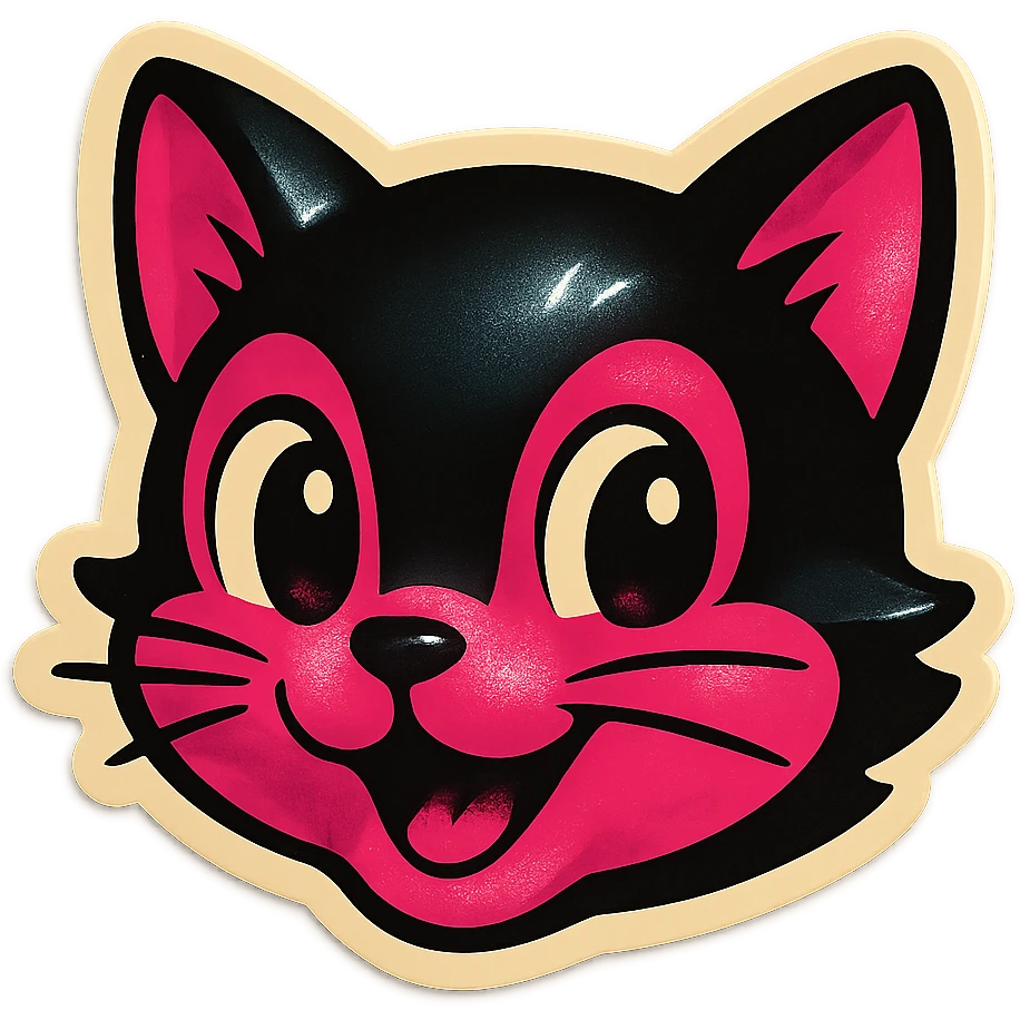 BLACKPINK-inspired retro sticker, black and pink cat face, cute and expressive, vintage sticker style emoji