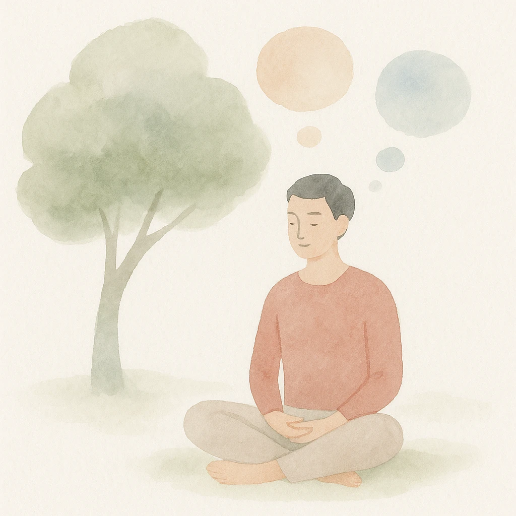 person meditating under a tree with floating thought bubbles in watercolor art style emoji