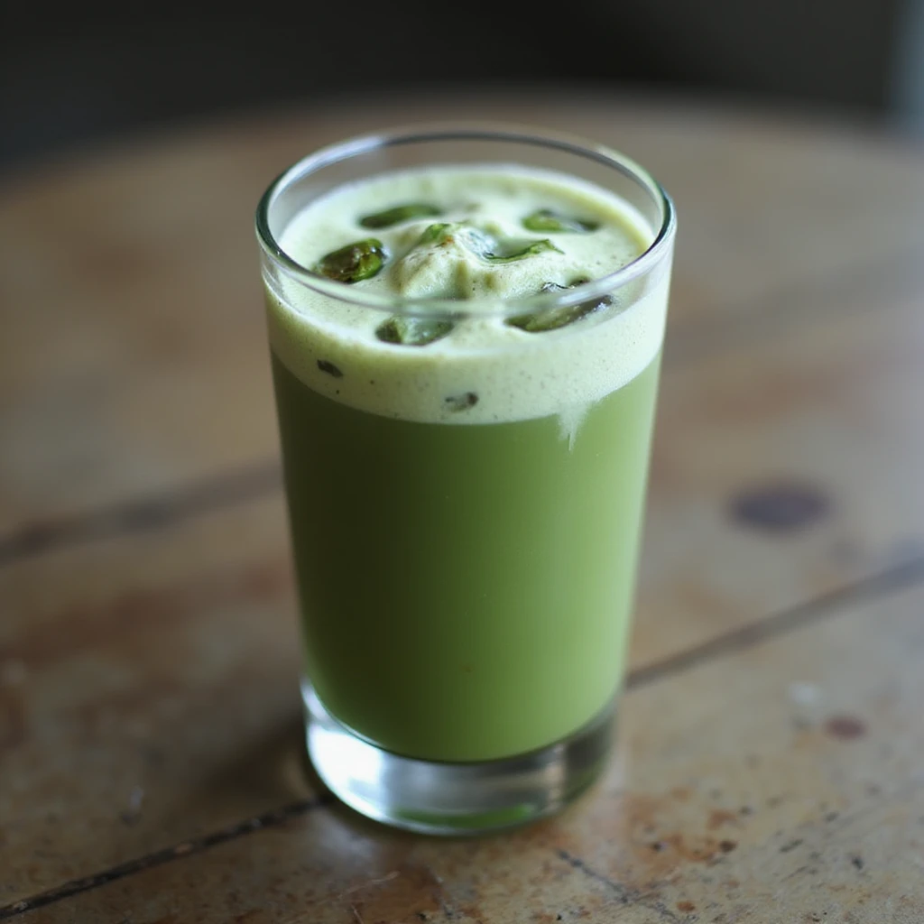 realistic glass of iced matcha latte with green color and ice cubes, photorealistic style emoji